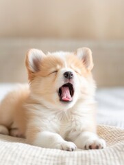 Cute fluffy puppy yawning cozy home animal photography soft lighting close-up adorable moments