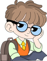 Cartoon Schoolboy with Lazy Expression Sitting with Backpack