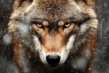Fototapeta premium Intense Portrait of a Wolf with Striking Eyes in Snowy Background