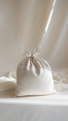 Luxury handbag dust bag made of soft organic cotton, minimalist branding, elegant aesthetic, white background
