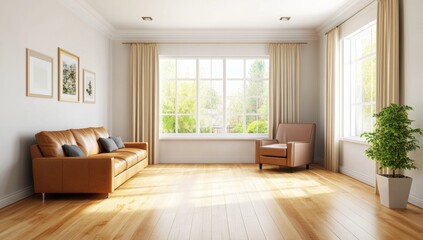 Fototapeta premium Modern living room with large windows, featuring a brown leather couch and armchair, showcasing a peaceful garden view
