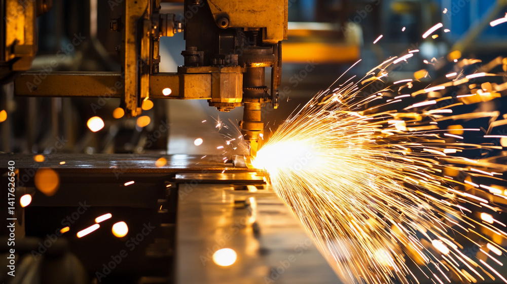 Poster bright sparks flying during metal processing activity generative ai