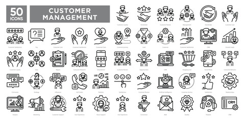 Customer relationship management icons collection set, featuring support, loyalty, analytics, communication, and user experience. Ideal for CRM systems, marketing, and business tools.