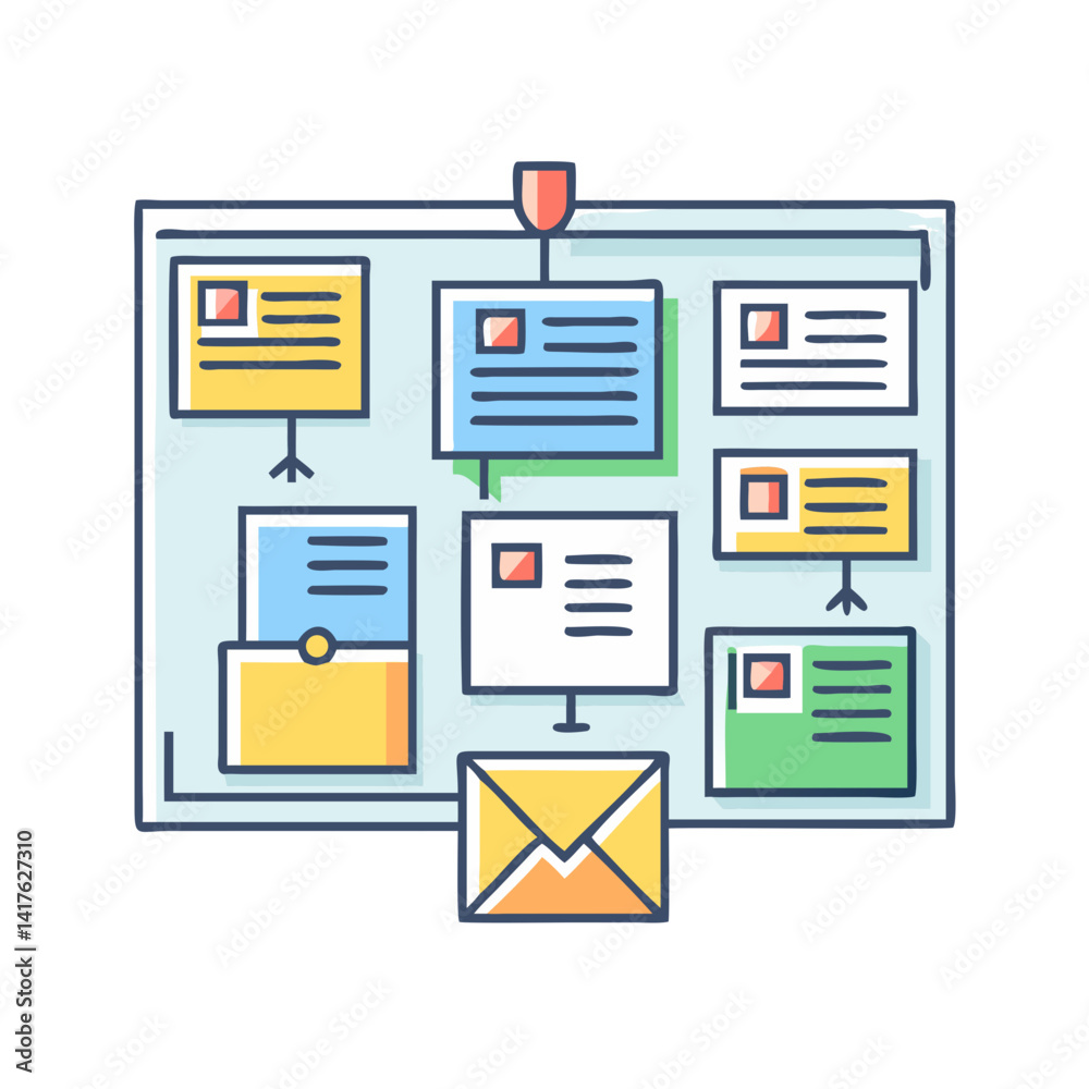Poster workflow diagram depicting a system sending and receiving emails in a schematic way