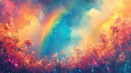 Naklejka premium Vibrant Colors of Nature with Rainbow Arcing Across a Dreamy Sky in a Serene Landscape