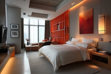 Modern bedroom with wooden bed frame and orange accent wall featuring bedside lamp and large window