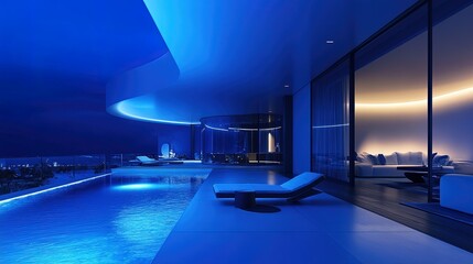 Luxurious Blue Lit Modern Villa at Night