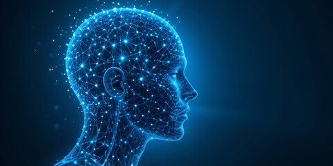 AI - Artificial intelligence. Robotics concept. Digital neural network forming the shape of a human head made of light nodes, abstract AI concept, clean layout with empty space on th