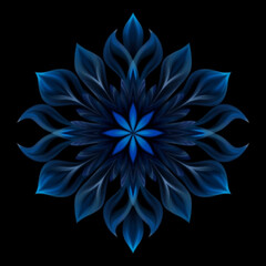 Symmetrical, stylized flower with vibrant blue petals radiates gracefully against a black background