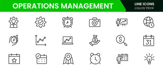 Operations management icon set. Containing production, logistics, supply chain, manufacturing, planning, inventory management, strategy, customer satisfaction, and cost icons