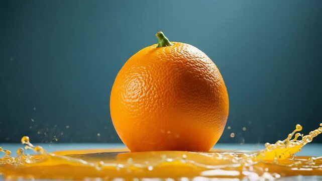 Orange being crushed slowly by invisible force, juice and peel exploding like a flower.