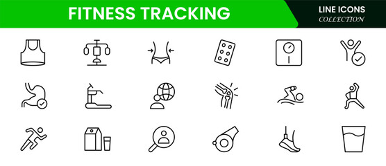 Fitness Tracking Icon Set. Clean and modern icons for fitness, wellness, and medical apps, perfect for tracking workouts, nutrition, and overall well-being in a user-friendly way.
