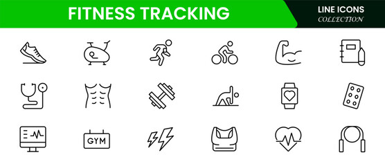 Fitness Tracking Icon Set. Clean and modern icons for fitness, wellness, and medical apps, perfect for tracking workouts, nutrition, and overall well-being in a user-friendly way.