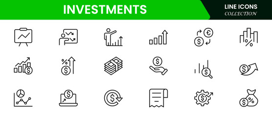 Investment, investor, risk management, economy, financial gain, money, coins symbols. Outline icon collection. Vector illustration