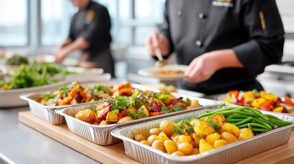 A vibrant display of freshly cooked dishes being prepared by chefs in a modern kitchen, showcasing a variety of colorful vegetables and ingredients.