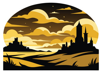 Dusk Sky with Golden Tones Silhouette Illustration, Black and White Dusk Sky with Golden Highlights Illustration