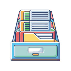 Stylized illustration of an office file cabinet with drawers and folders
