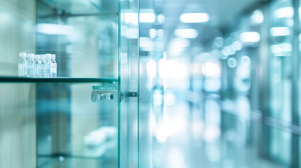 Empty glass medicine cabinet in hospital setting with open doors and shelves