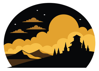 Dusk Sky with Golden Tones Silhouette Illustration, Black and White Dusk Sky with Golden Highlights Illustration