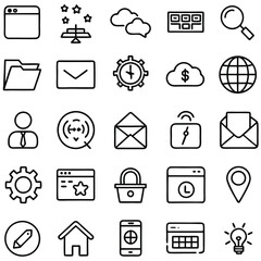Assorted icons UI elements cloud  envelope symbols settings gear lightbulb home phone location pin and more