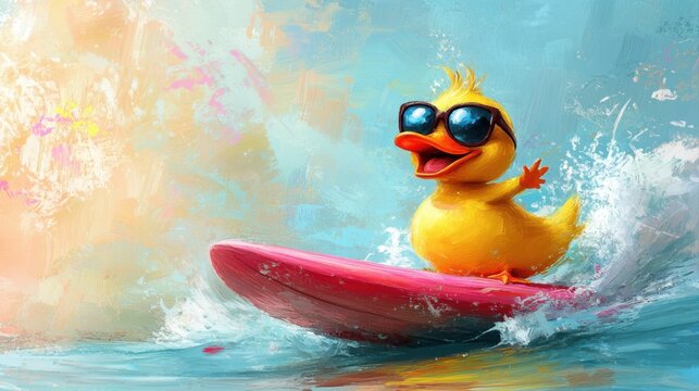 Playful Cartoon Duck Riding Waves on a Surfboard in Colorful Ocean Background with Sunglasses and Joyful Expression