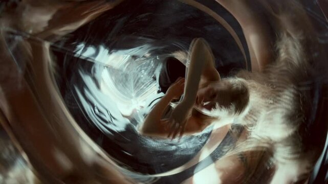 Young female performer moving arms fluidly and gazing around inside mirrored room filled with swirling reflections and immersive light distortions. High angle view