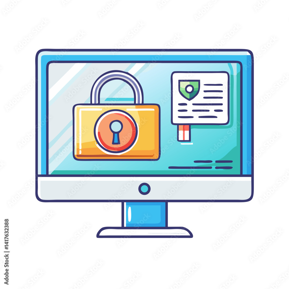 Poster cartoon computer screen displaying security features and data protection technology