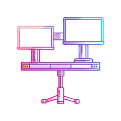 Dual monitor setup on a desk with a whimsical color gradient