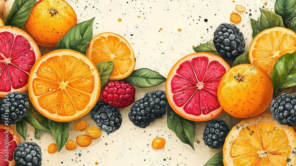 Poster vibrant assortment of sliced citrus fruits, including oranges and grapefruits, is artfully arranged 