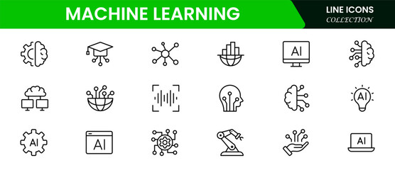 Artificial intelligence set of web icons inline style. AI technology icons for web and mobile apps. Machine learning, digital AI technology, algorithm, smart robotics, cloud computing network