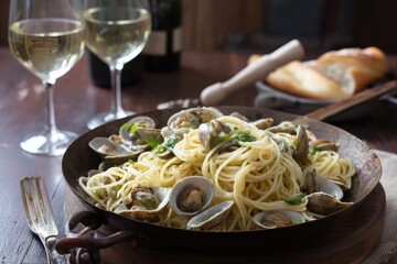 Spaghetti alle vongole (clam pasta) served in a rustic Italian setting