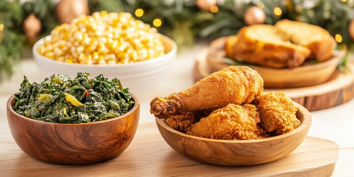 celebration feast, juneteenth table wooden table with soul food like collard greens, cornbread, and fried chicken, sharply in focus, festive decor in the background