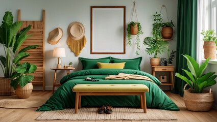 Stylish bedroom interior with green bedding and decor