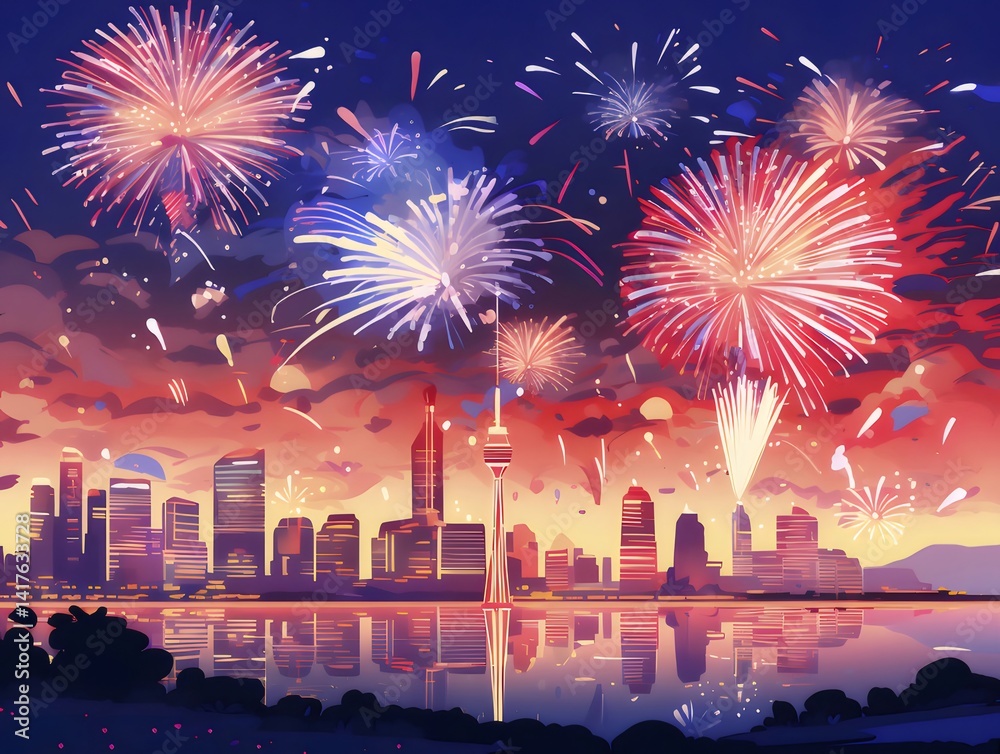 Poster 夜空に輝く花火と都市景観 夕焼けと湖の反射が美しい夏の祝祭風景