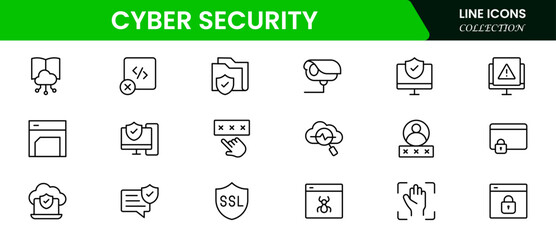 Cyber security icon set with information, technology, data network, malware, virus, unauthorized access, and protected. Vector illustration web line icon collection