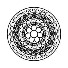 Mandala Design with Circular Pattern and Detailed Line Work in Black and White Featuring Symmetrical Shapes Floral Motifs and Sacred Geometry for Meditation and Art Inspiration