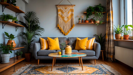 Stylish boho living room with cozy decor elements