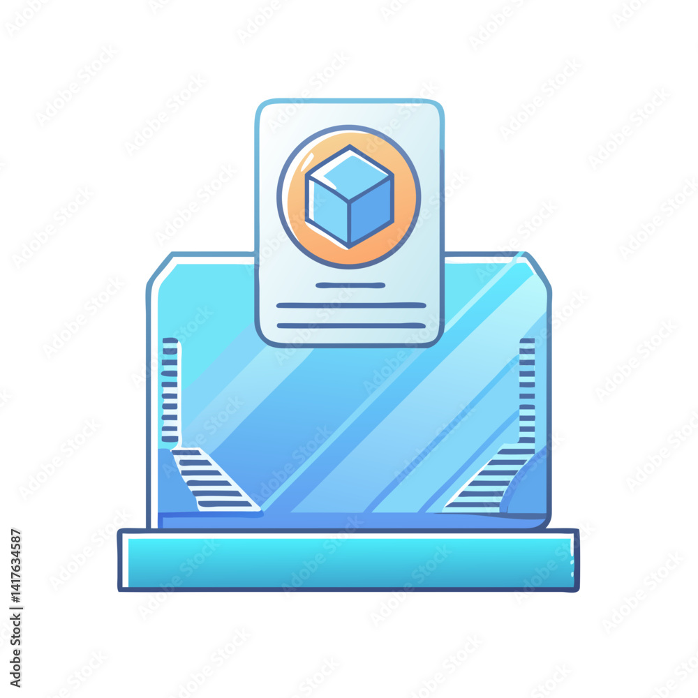 Poster blue cube with card and hologram style tech interface visualization