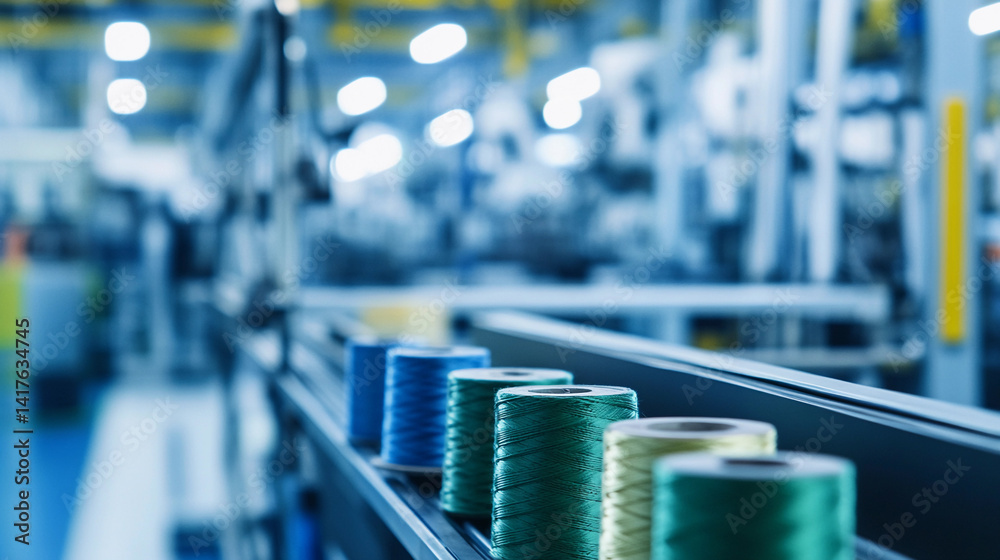 Poster Close-up view of colorful spools of thread on a factory line Generative AI