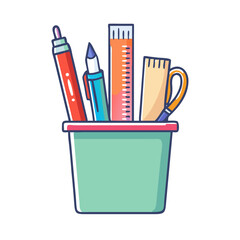 Cartoon pen holder filled with stationery items including ruler and scissors