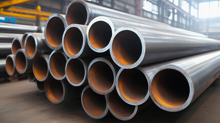 Close-up view of stacked steel pipes in industrial setting Generative AI