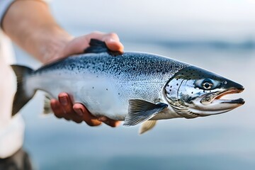 Obraz premium Salmon Catch: A close-up view of a freshly caught salmon, its silvery scales shimmering under the light, held gently, showcasing the essence of freshness.