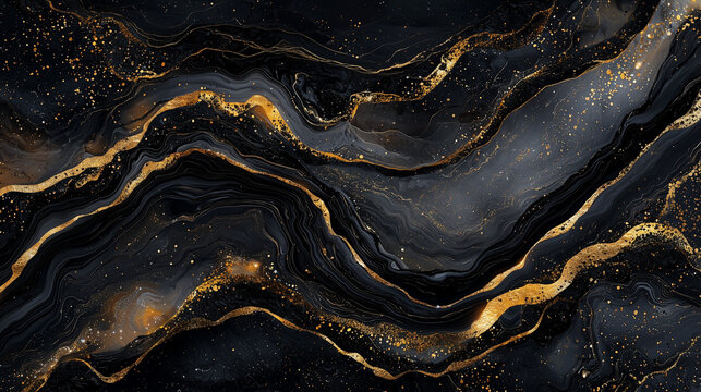 Elegant black and gold marble texture with flowing abstract lines, shimmering glitter effects, and luxurious modern design.