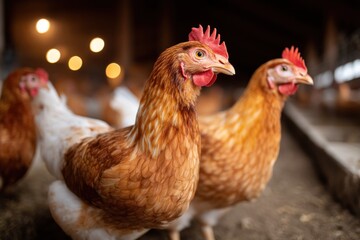 Chickens in a barn, foraging and walking. Focus on poultry for agricultural use