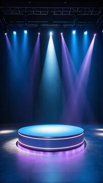 The Vertical VDO of Spotlight stage with blue and purple lights shining on round platform, creating dramatic and vibrant atmosphere for performance and presentation