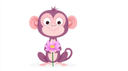 Obraz premium Cheerful Purple Monkey Holding Pink Lotus Flower Against White Background
