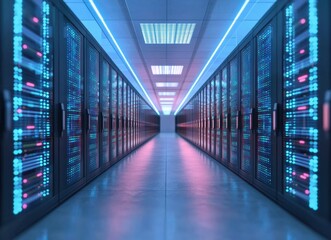 Fototapeta premium Futuristic Data Center with Blue and Pink Lighting Effects