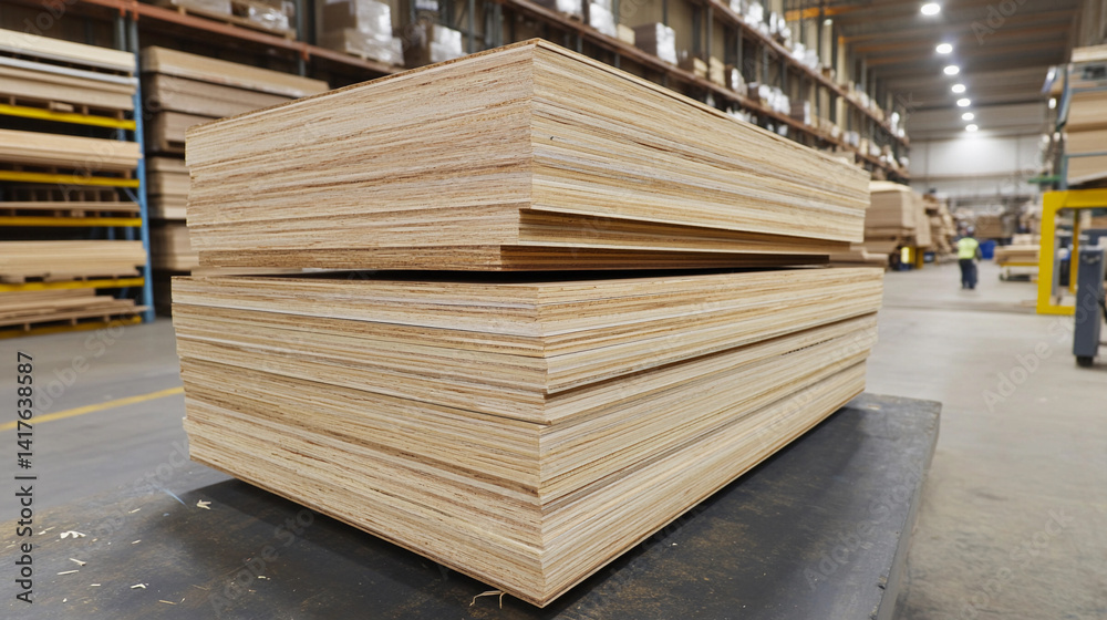 Poster freshly cut plywood sheets stacked in workshop generative ai