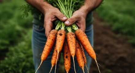 Farmer holding fresh carrots (Photo)