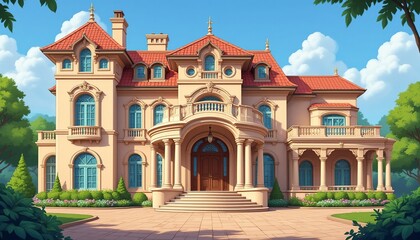 Fototapeta premium Elegant mansion with intricate architectural details, including balconies, columns, and a red tile roof, set against a clear sky and lush greenery.